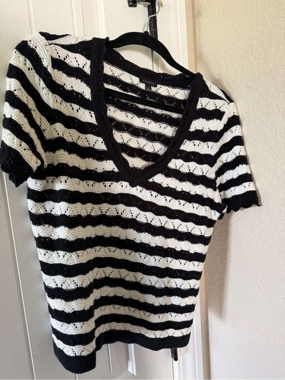 Talbots Black & White Striped V-Neck Short-Sleeve Knit Top